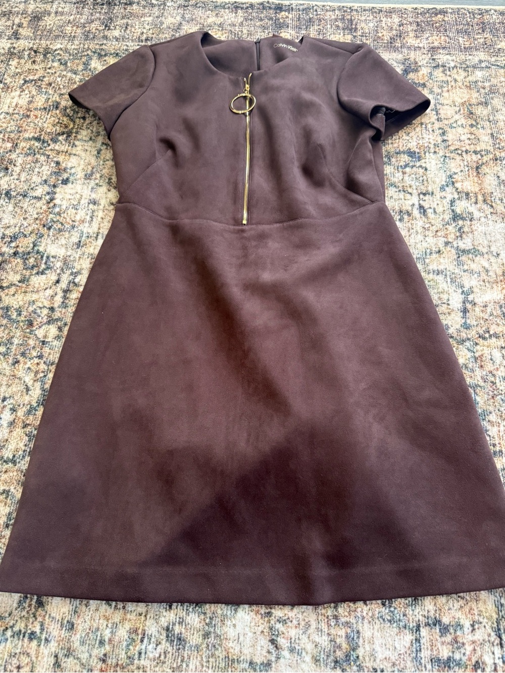 Calvin Klein Chocolate Brown Short Sleeve Mini Dress with Gold Zip